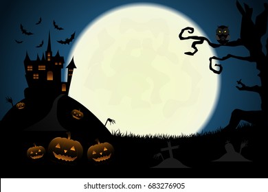 Halloween pumpkins with bat and Moon background, illustration.Vector