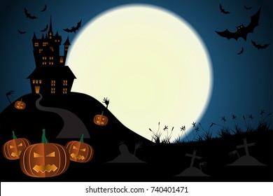 Halloween pumpkins with bat and Moon background, illustration.Vector