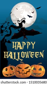 halloween pumpkins bat moon tree vector poster template
