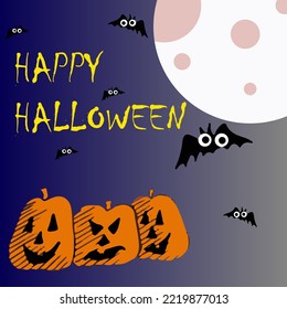 Halloween pumpkins and bat on blue Moon background, illustration vector of halloween background. happy halloween