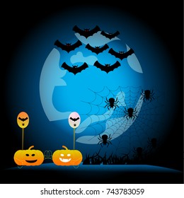 Halloween pumpkins , bat and spider on blue moon  background, illustration.