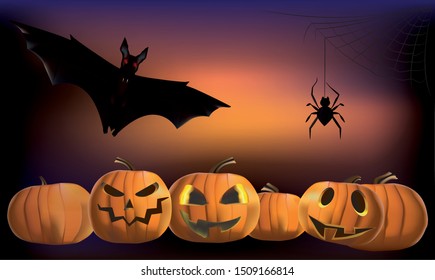 halloween pumpkins bat spider web vector