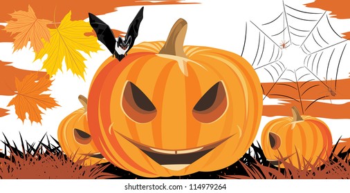 Halloween pumpkins, bat and spiders. Vector