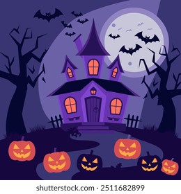 Calabazas de Halloween, murciélagos y dulces navideños. Vacaciones de terror de otoño, fondo de Vector de evento de temporada de Halloween con caras talladas de Jack o linterna de miedo, murciélagos voladores, dulces espeluznantes y postres de galletas