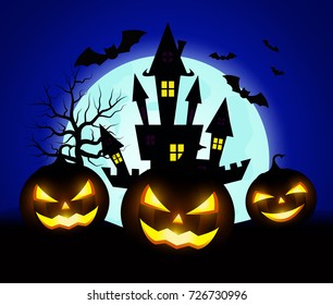 Halloween pumpkins and bats with blue Moon background.vector illustration.