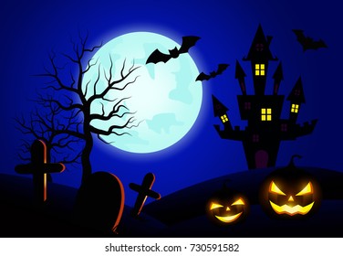 Halloween pumpkins and bats with blue Moon background.vector illustration.