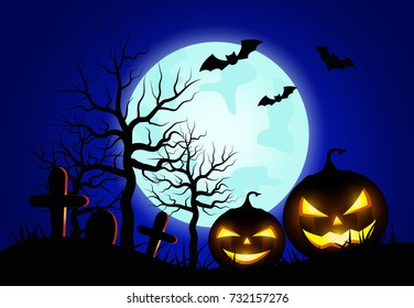 Halloween pumpkins and bats with blue Moon background.vector illustration.