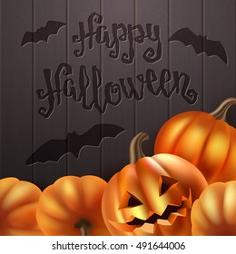 Halloween pumpkins and bats card. Vector illustration with handwritten brush lettering for your design on chalkboard dark wood background.