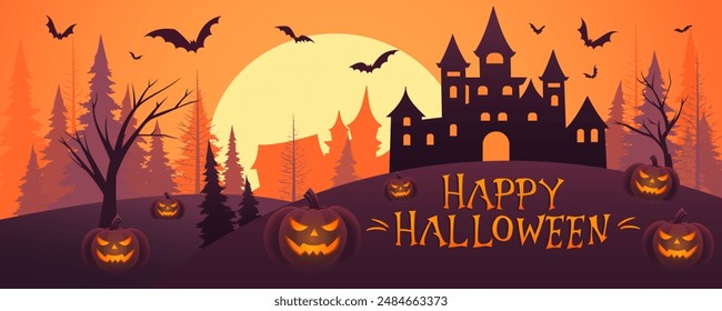 Halloween pumpkins, bats, a cemetery and a scary castle, crooked trees, silhouettes of houses against the backdrop of a creepy big moon. Holiday flyer, poster or banner. Halloween vector illustration.