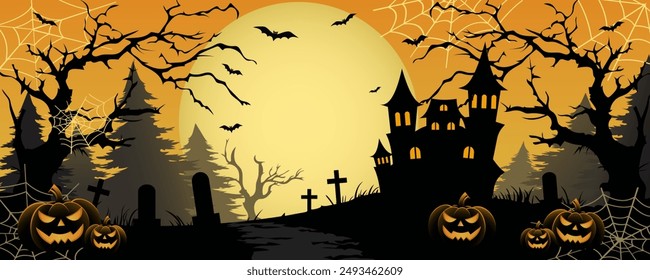 Calabazas de Halloween, murciélagos, telarañas, un cementerio, árboles y un castillo aterrador con el telón de fondo de una espeluznante luna naranja grande. Volante, póster o Anuncio de Festiva. Ilustración vectorial de Halloween.