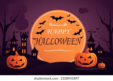 Halloween pumpkins, bats and a dark castle on the background of the moon. Vector illustration. Happy Halloween flyer, poster.