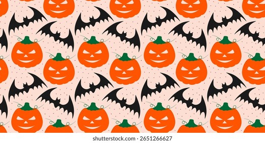 Halloween Pumpkins Bats and Dots on fond Seamless Pattern Halloween Holiday Backdrop Banner Format