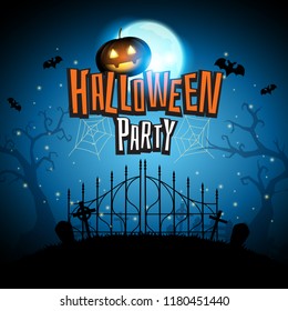 Halloween with pumpkins bats fly around on blue moon background in cemetery, vector illustration.