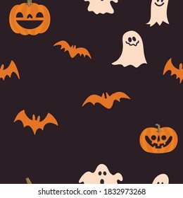Halloween pumpkins, bats and ghosts seamless pattern. Cute illustrations background. 