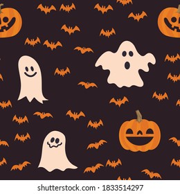 Calabazas, murciélagos y fantasmas de Halloween son un patrón sin fisuras. Fondo de ilustraciones personalizadas. 