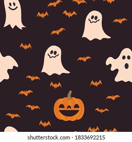 Halloween Kürbis, Fledermäuse und Geister nahtloses Muster. Genaue Illustrationen, Hintergrund. 