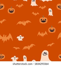 Halloween pumpkins, bats and ghosts seamless pattern. Cute illustrations background. 