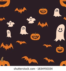Halloween pumpkins, bats and ghosts seamless pattern. Cute illustrations background. 
