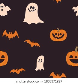 Halloween pumpkins, bats and ghosts seamless pattern. Cute illustrations background. 