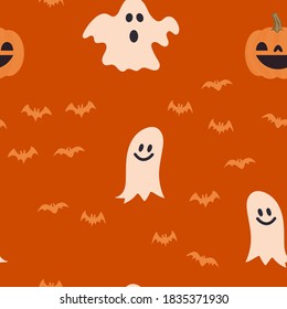 Halloween pumpkins, bats and ghosts seamless pattern. Cute illustrations background. 