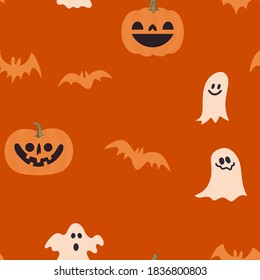 Calabazas, murciélagos y fantasmas de Halloween son un patrón sin fisuras. Fondo de ilustraciones personalizadas. 