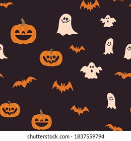 Halloween pumpkins, bats and ghosts seamless pattern. Cute illustrations background. 