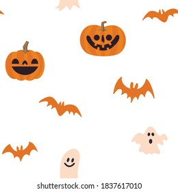 Halloween pumpkins, bats and ghosts seamless pattern. Cute illustrations background. 