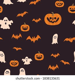 Halloween Kürbis, Fledermäuse und Geister nahtloses Muster. Genaue Illustrationen, Hintergrund. 