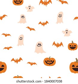 Halloween pumpkins, bats and ghosts seamless pattern. Cute illustrations background. 