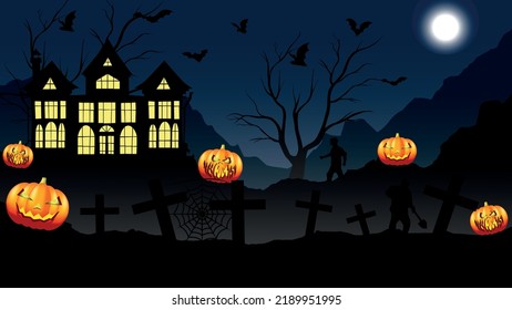 Halloween pumpkins, bats, graveyard and haunted house background, illustration.