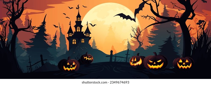 Halloween pumpkins, bats, graveyard and scary buildings against the backdrop of a big orange moon. Festive flyer, poster or banner.