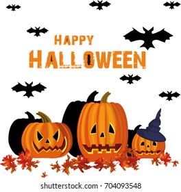 Halloween pumpkins and bats hand drawn vector illustration. 