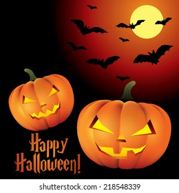 Halloween pumpkins with bats isolated on background. Vector illustration