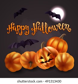 Halloween pumpkins, bats and moon. Vector illustration with handwritten brush lettering for your design on chalkboard dark background.