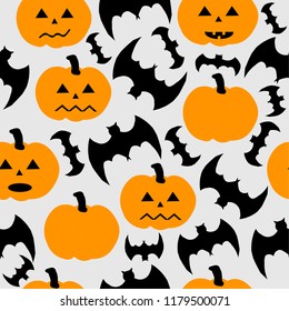 Halloween. Pumpkins, and bats on a light gray background. Simple seamless pattern.