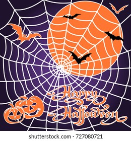 Halloween pumpkins and bats on spiderweb background. Happy Halloween message design vector illustration.