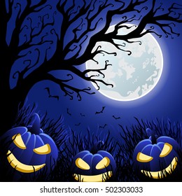 Halloween pumpkins, bats and scary tree on blue moon background. Vector illustration 