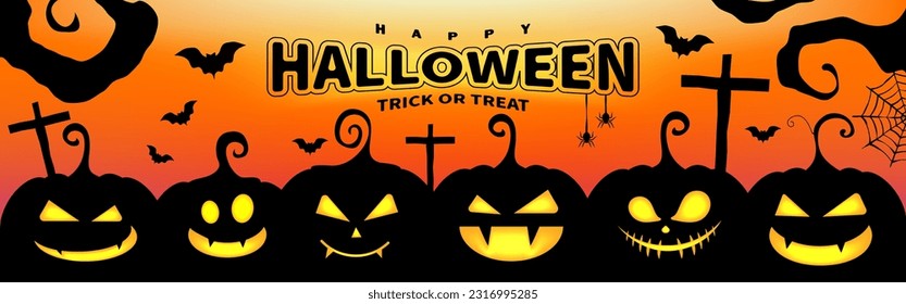 Halloween Pumpkins, Bats, Spider, Cobwebs, and Cross wood in silhouette flat design. Halloween banner. Cartoon style. Vector illustration.
