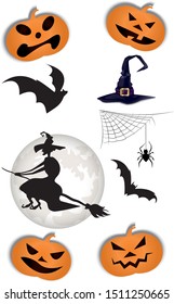 halloween pumpkins, bats, spider web, moon, witch hat set vector illustration elements for design