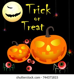 Halloween with pumpkins, bats, spiders, text treak or treat on a black background