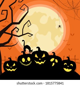 Halloween pumpkins and Bats under the moonlight. vector illustration