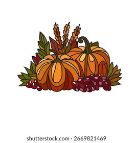 Halloween pumpkins with berries, design element. Can be used for cards, invitations, banners, posters, print design, seasonal holidays background. Autumn theme