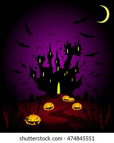 Halloween pumpkins,  black castle and bats, vector illustration.