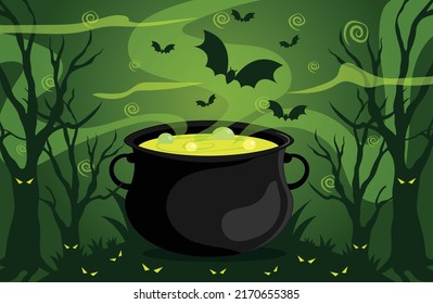 Halloween pumpkins and black pot on blue white Moon with green background flat illustration style.Scary night, green scary hot lequied, bat, lantern.