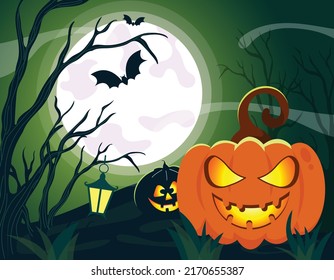 Halloween pumpkins and black pot on blue white Moon with green background flat illustration style.Scary night, green scary hot lequied, bat, lantern.