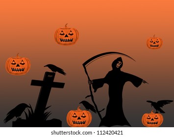 halloween with pumpkins and black ravens
