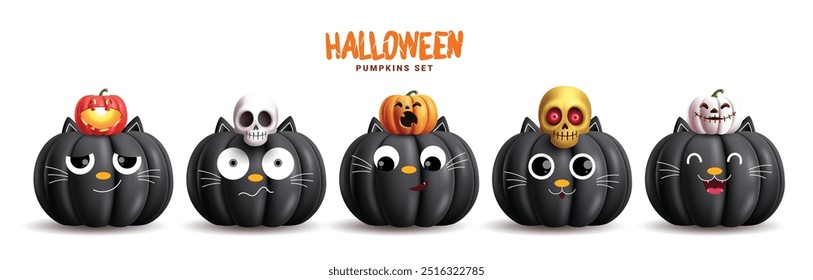 Halloween pumpkins black vector set design. Halloween black cat pumpkin characters with creepy, spooky and scary element isolated in white background. Vector illustration holiday cute pumpkins set.  
