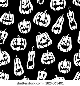 Halloween pumpkins. Black and white seamless pattern. Hand drawn vector illustration on black background