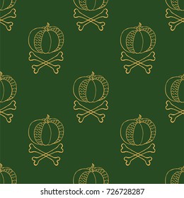 Halloween pumpkins and bones seamless pattern. Vector autumn vegetables print. 31 october background. Good for fabrics, paper, wrapping, wallpaper, posters, banners, books, menu, shop design.