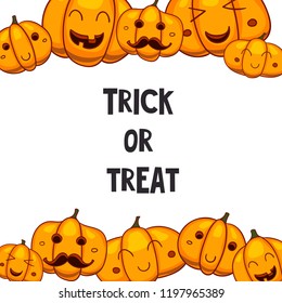 Halloween pumpkins border frame with space text on isolated background. Holiday decoration vector design.